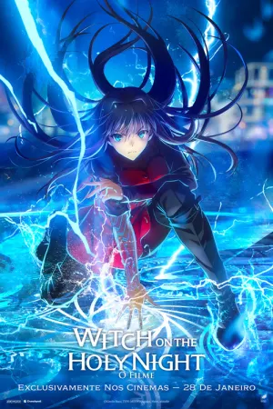 Aoko Aozaki, agachada e com cabelos flutuando, conjurando magia com raios e energia azul ao redor